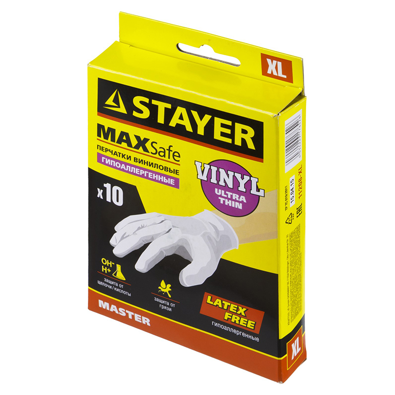 Перчатки STAYER "MASTER" виниловые экстратонкие, XL, 10шт 